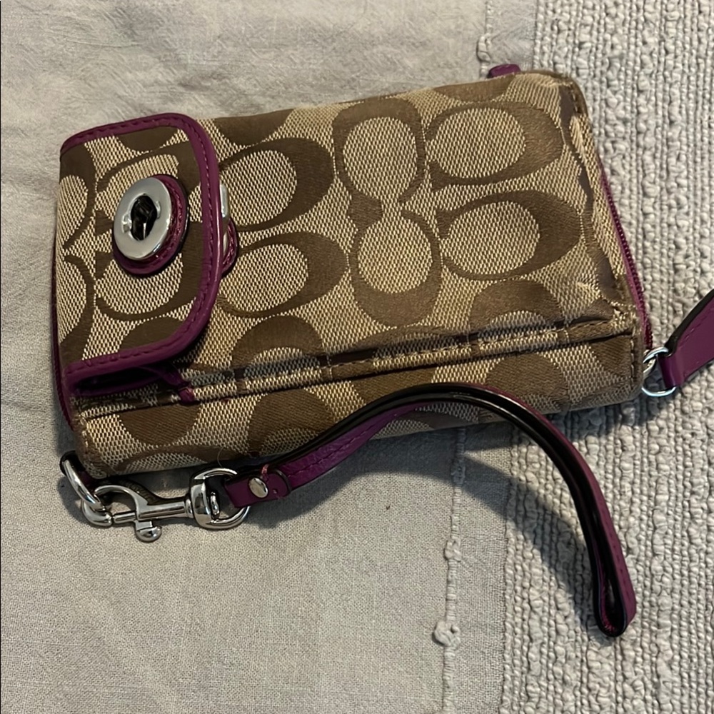 Coach Tan Wristlet with Purple Accents